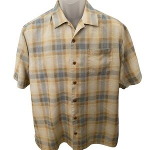 TOMMY BAHAMA 100% Silk Yellow & Blue Plaid Shirt Men M Medium